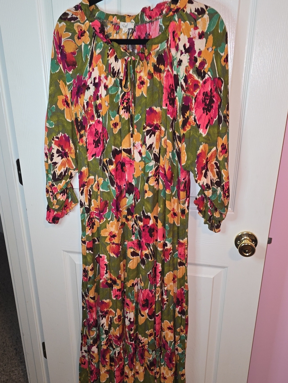 easel Olive Green Maxi Dress with Pink & Mustard Floral Print